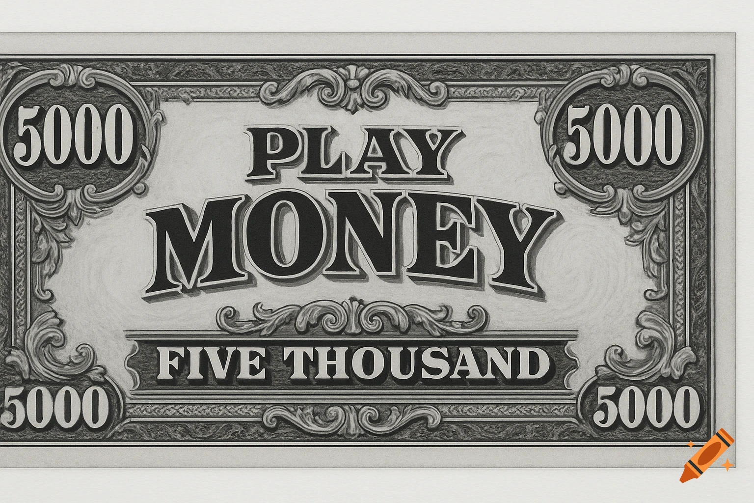 Black and white illustration of a play money bill for 5000, with "PLAY MONEY" and "FIVE THOUSAND" printed on it.