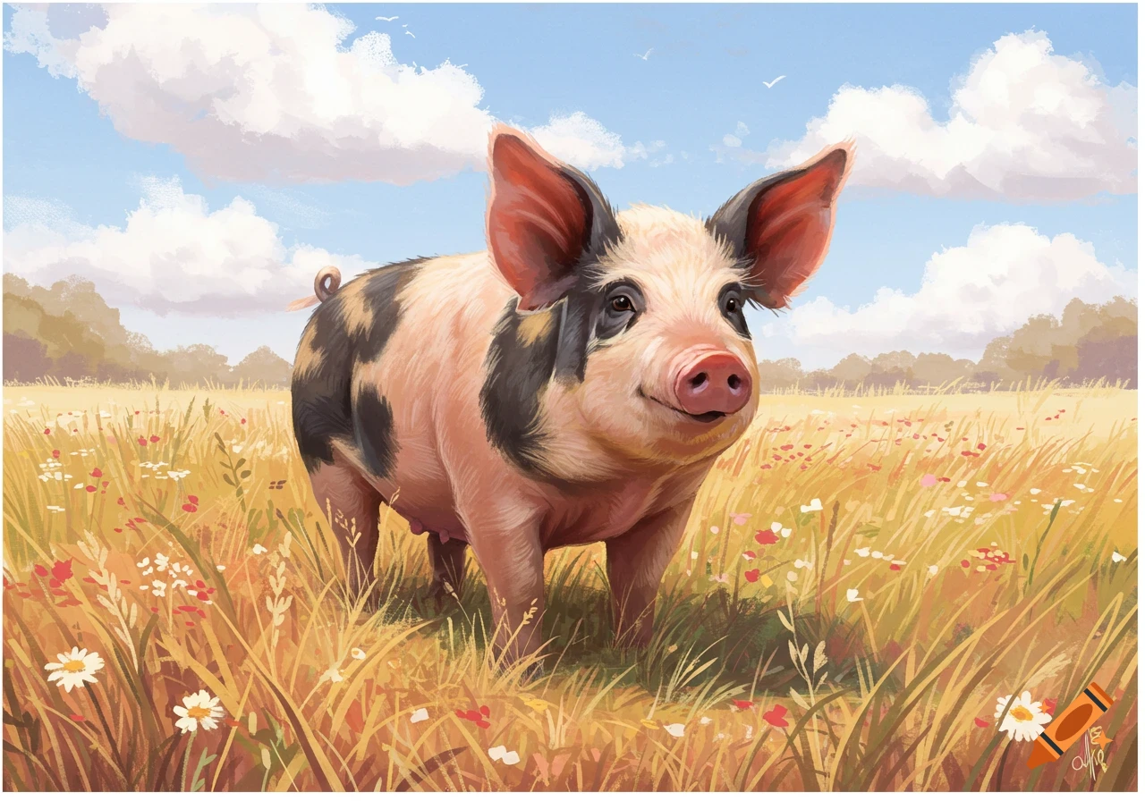 A cheerful black and pink spotted pig stands in a sunny meadow filled with tall grass and wildflowers, under a blue sky with white clouds.