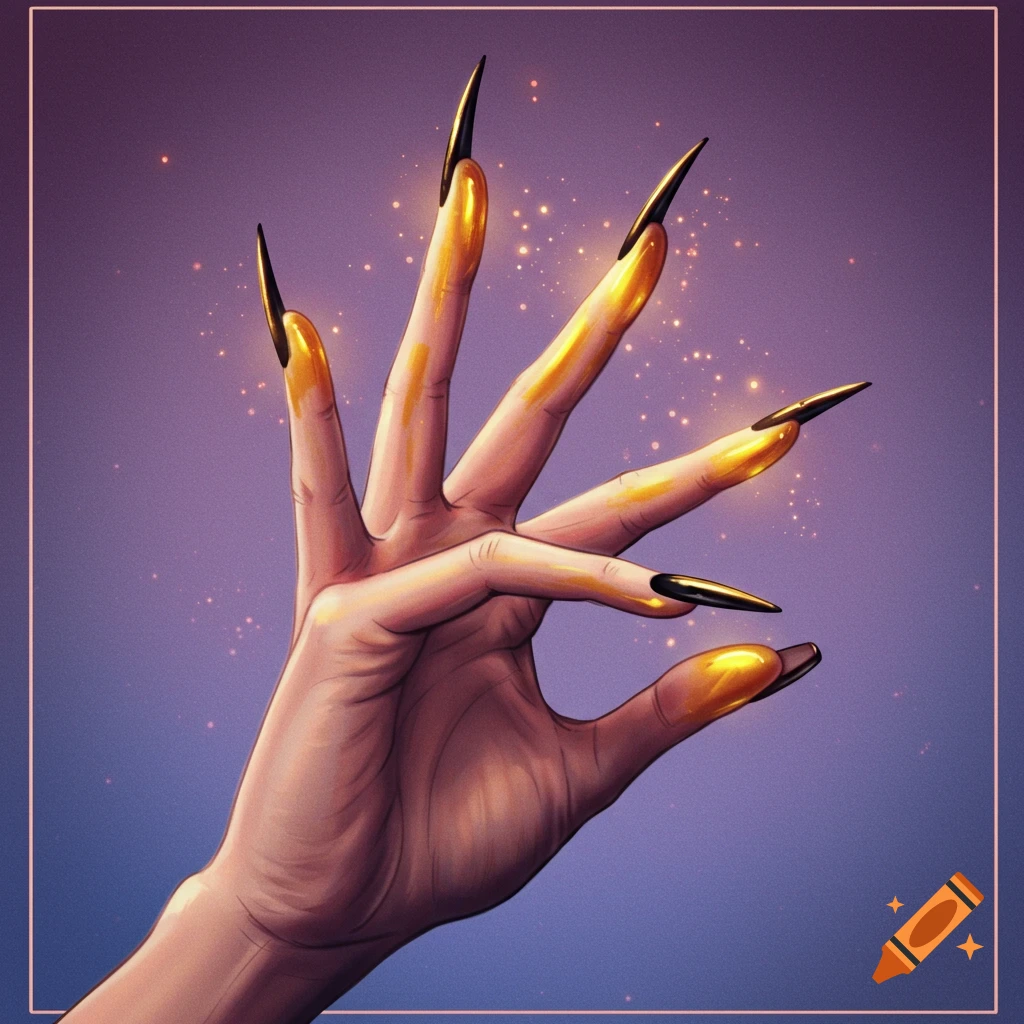A stylized hand with five long, pointed gold and black nails, set against a shimmering purple background.