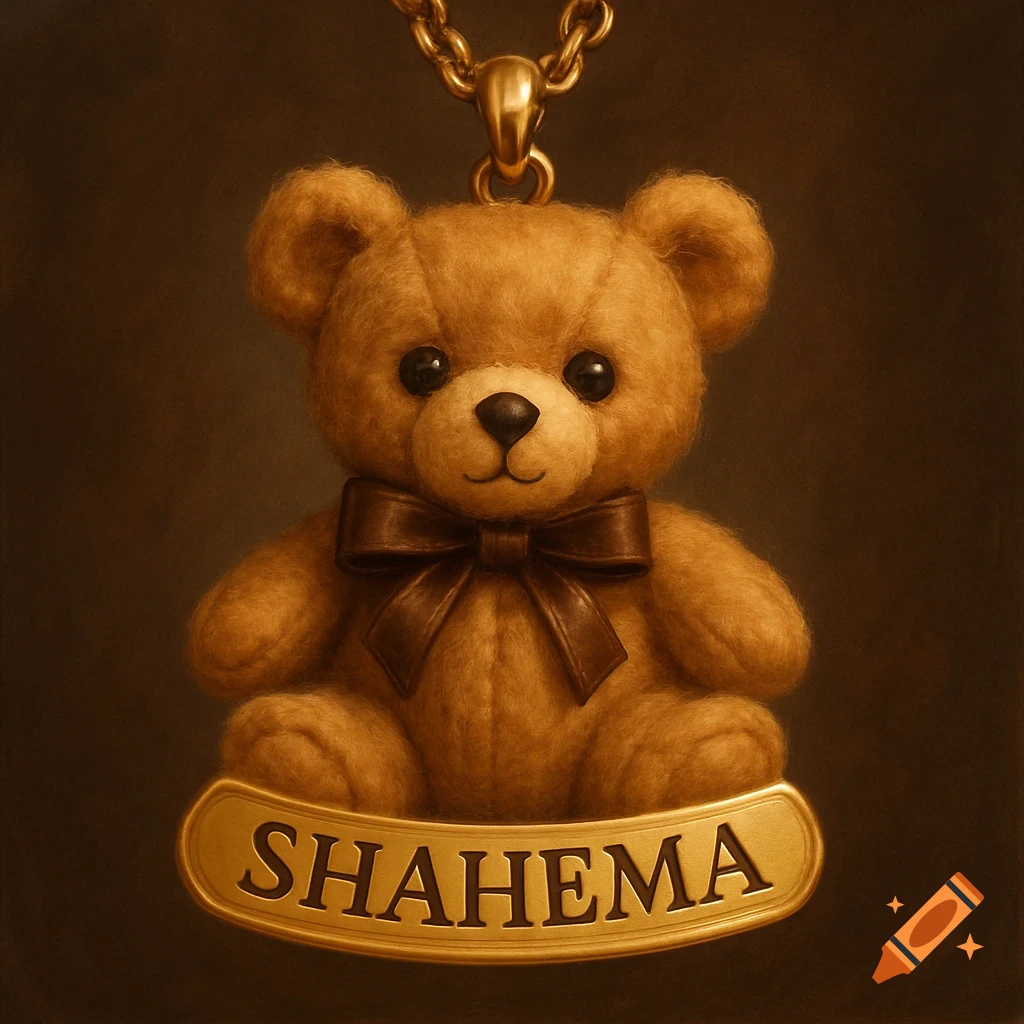 Close-up of a brown teddy bear pendant on a gold chain, with 'SHAHEMA' engraved on a golden plaque below.