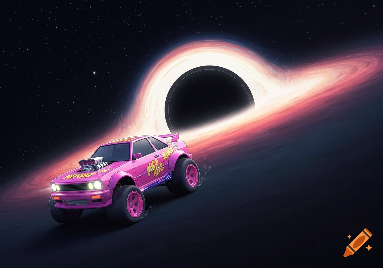 A pink monster car with oversized wheels drives on a dark surface towards a large glowing black hole in space.