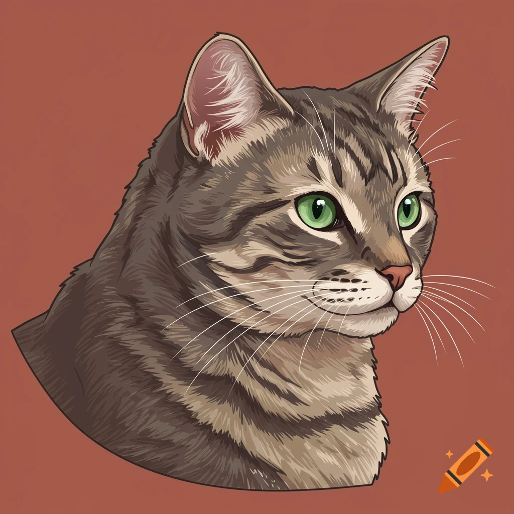 Vector illustration of a tabby cat with green eyes, looking right, against a solid reddish-brown background.