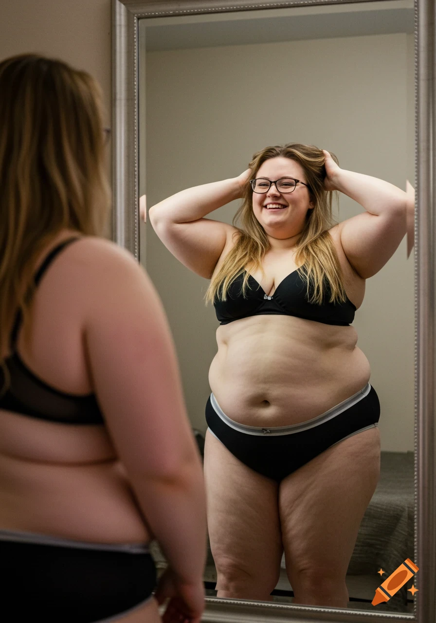 A happy obese woman in black underwear smiles at her reflection in a full-length mirror.