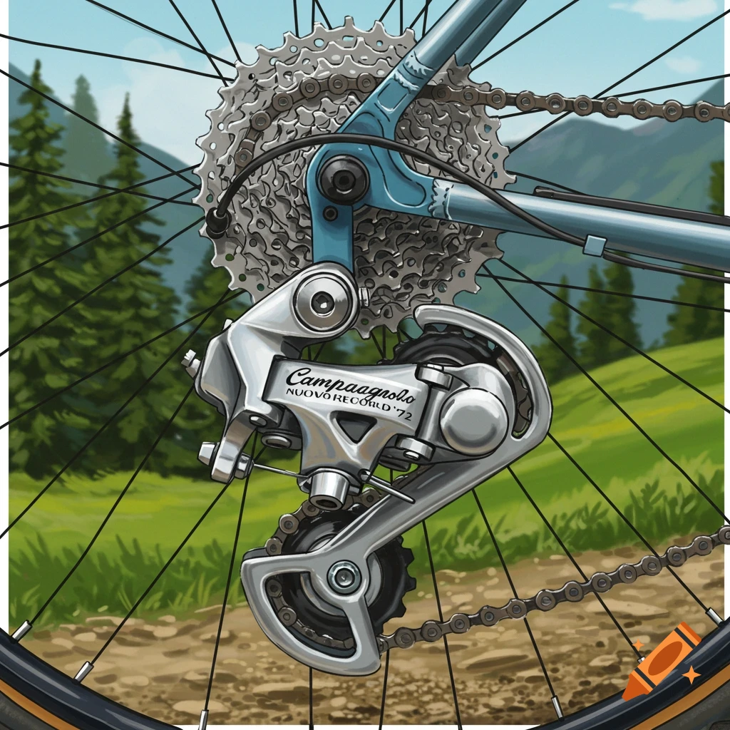 Close-up illustration of a silver Campagnolo Nuovo Record bicycle derailleur on a bike wheel with a background of green trees and mountains under a blue sky.
