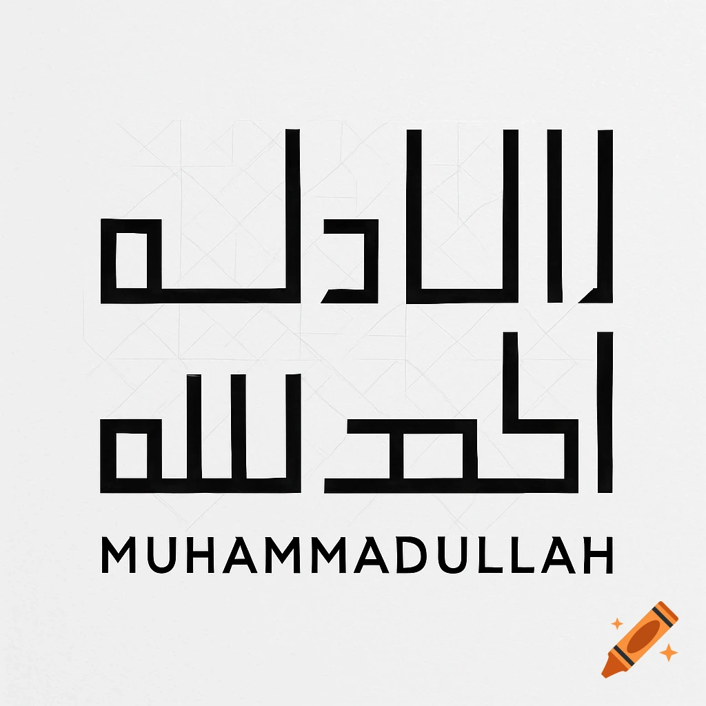 Minimalist modern Arabic calligraphy of "La ilaha illallah" with "MUHAMMADULLAH" below, in black on a white background with subtle geometric patterns.
