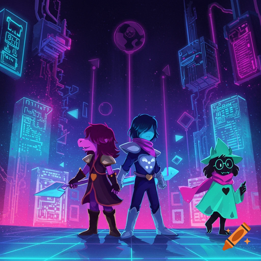 Three characters from Deltarune, Susie, Kris, and Ralsei, stand in a glowing neon cyberpunk city.