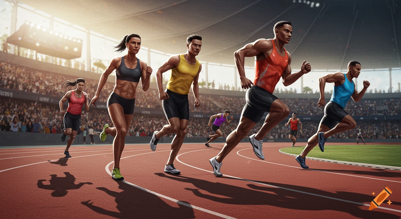 Athletes running a race on a track in a stadium filled with spectators, depicted in a detailed, illustrative style.