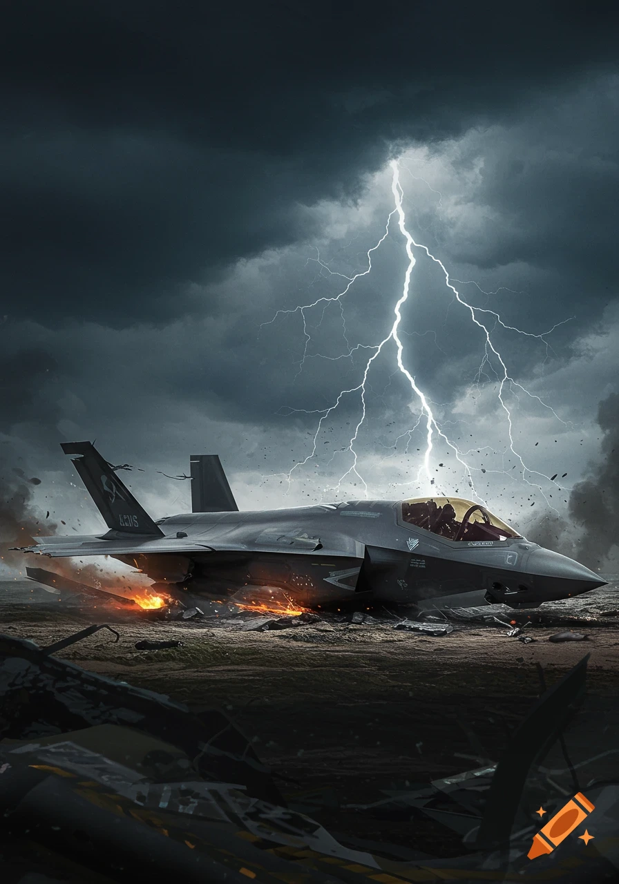 A crashed F-35 fighter jet rests on the ground amidst fire and sparks under a dark, stormy sky with a lightning bolt.