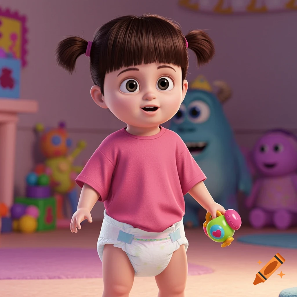 Boo from Monsters, Inc. in a pink t-shirt and white diaper, holding a toy. Sulley is blurred in the background.