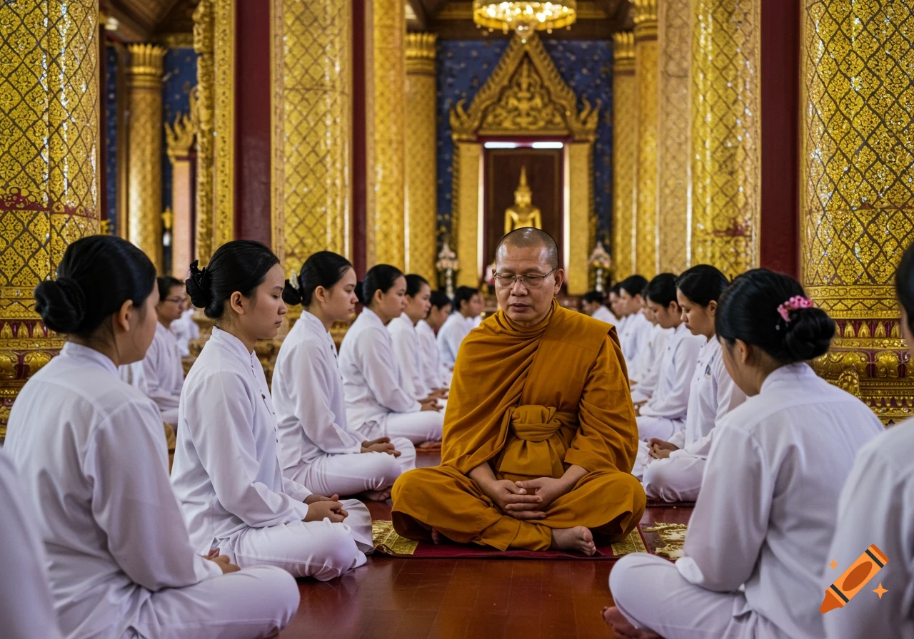 A Buddhist monk meditating with many followers in white robes inside a richly decorated golden temple.