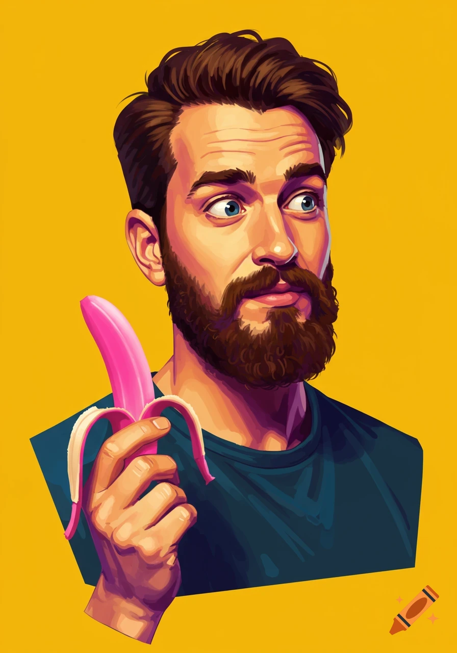An illustrated portrait of a bearded man in a blue shirt holding a peeled pink banana against a yellow background.