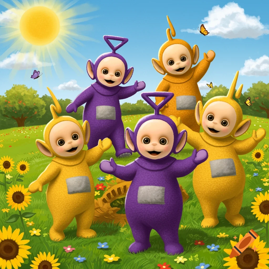 Five smiling Teletubbies, three yellow and two purple, stand in a bright green field filled with sunflowers under a sunny blue sky.