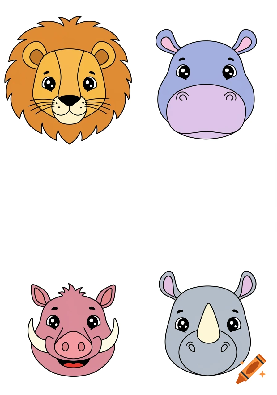 Four cute cartoon safari animal faces for a coloring page, including a lion, hippo, warthog, and rhino on a white background.