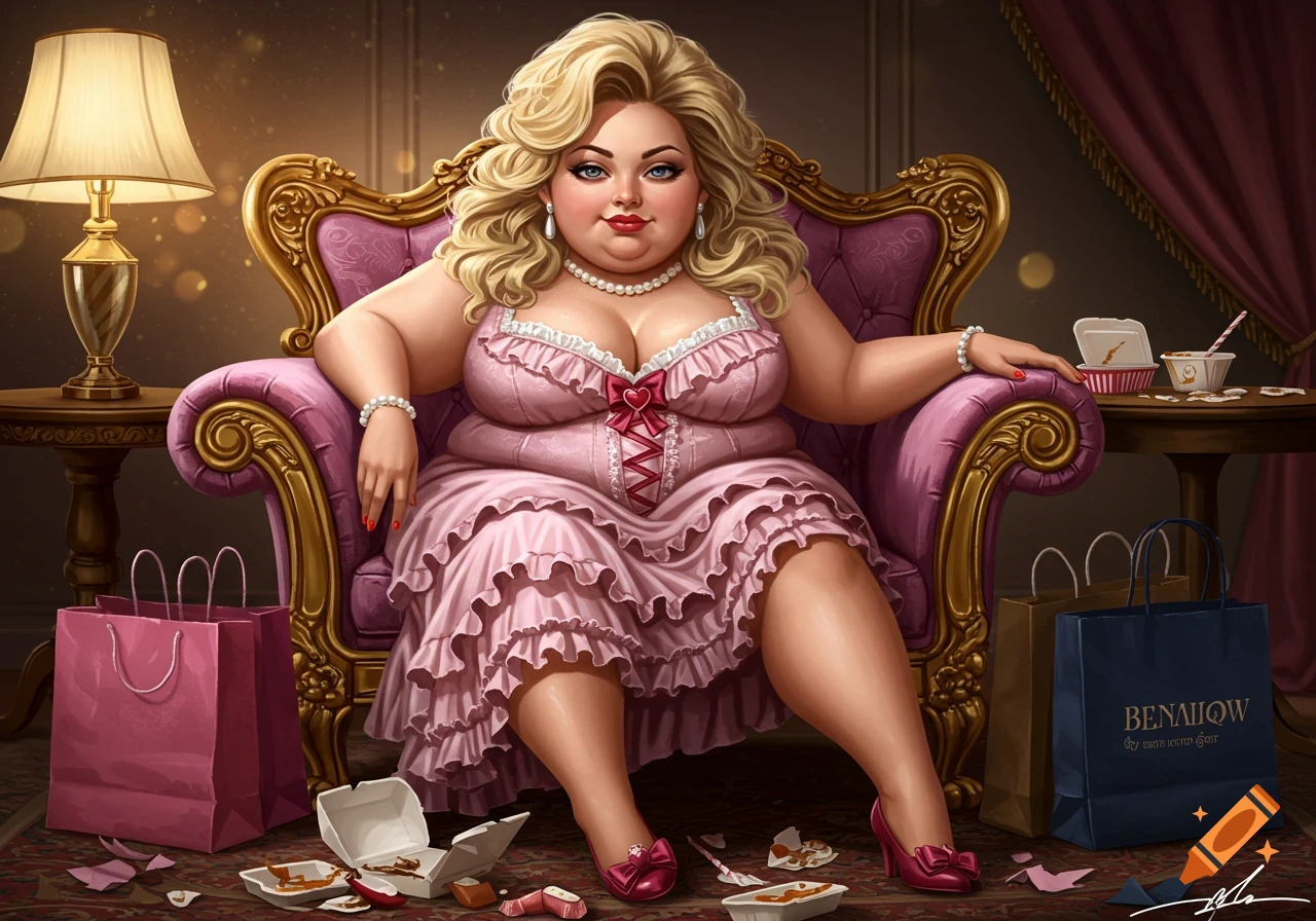 Illustrative portrait of an overweight woman in a pink ruffled dress on an ornate purple chair, with shopping bags and discarded food.