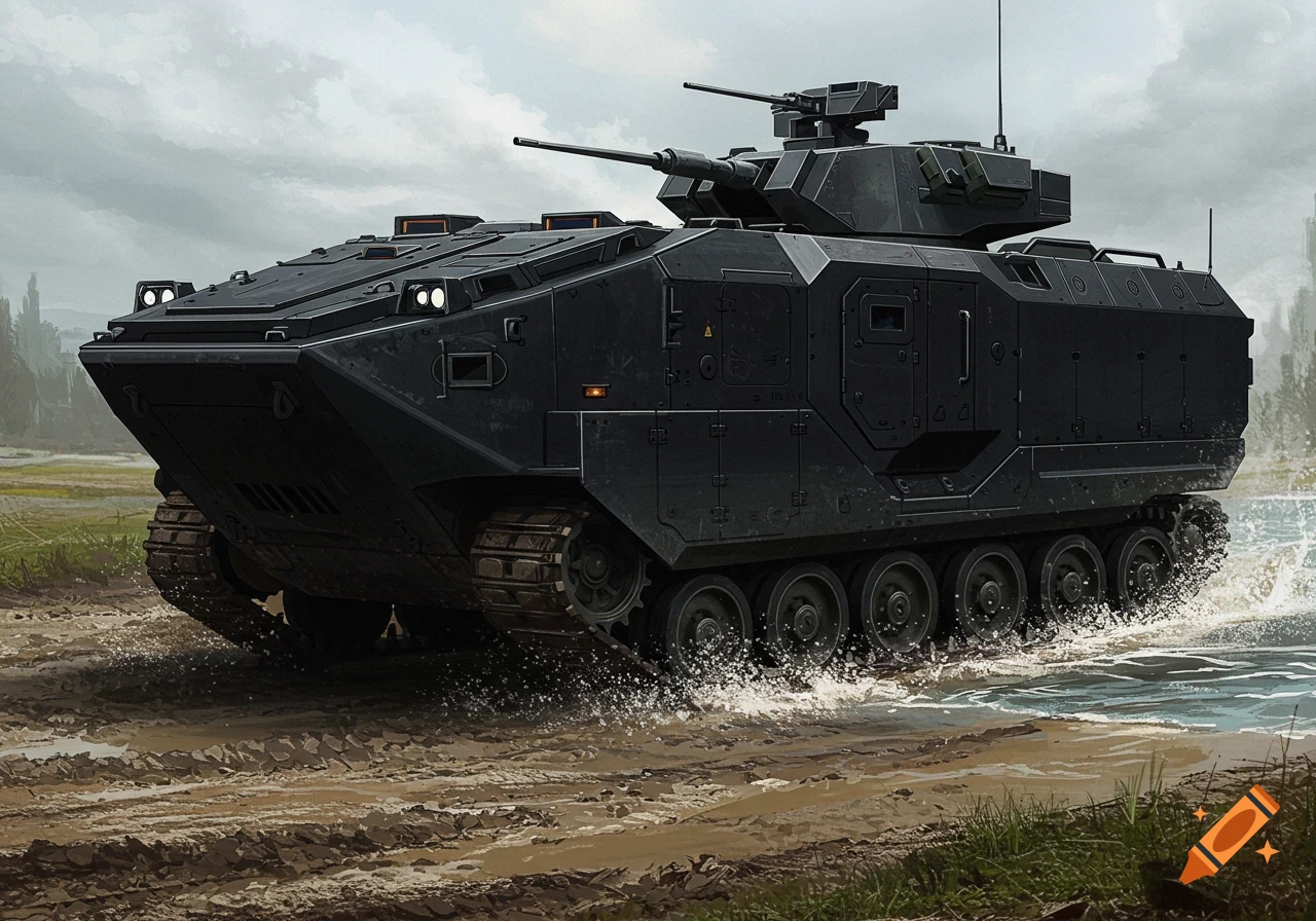 A full jet black amphibious military vehicle drives through mud and shallow water, splashing, under a cloudy sky.