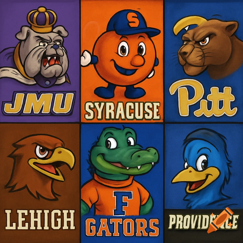A vibrant, Pixar-style collage featuring six college mascots and their university names, including a bulldog, an orange, a panther, a hawk, an alligator, and a blue bird.