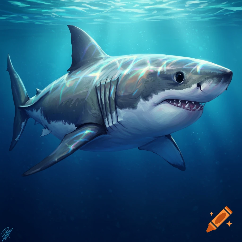 A stylized great white shark swims underwater, with light rays reflecting off its skin.