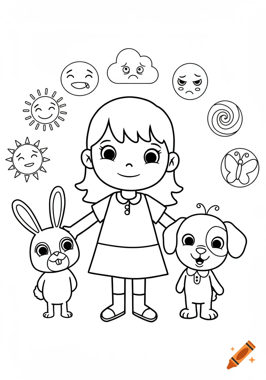 A black and white coloring page of a smiling girl, rabbit, and dog, surrounded by emotion icons.