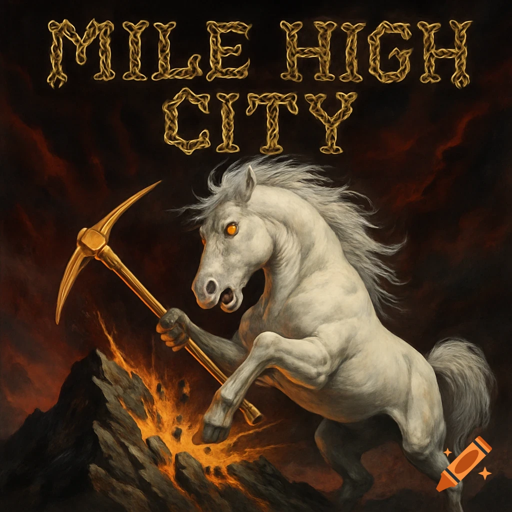 A white horse with glowing orange eyes holds a golden pickaxe, striking a rock with fire erupting, against a dark, fiery background. Gold chain text reads "MILE HIGH CITY" at the top.
