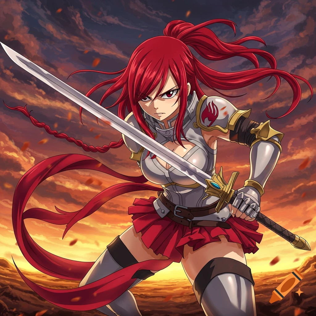 An anime woman with long red hair and armor, holding a sword against a ...