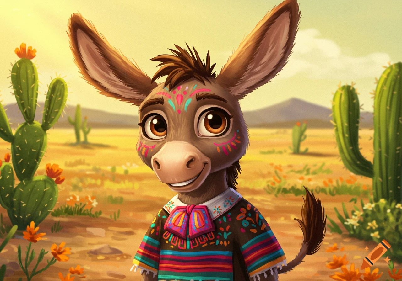 A cute cartoon donkey wearing a colorful traditional poncho and face paint, smiling in a desert landscape with cacti.
