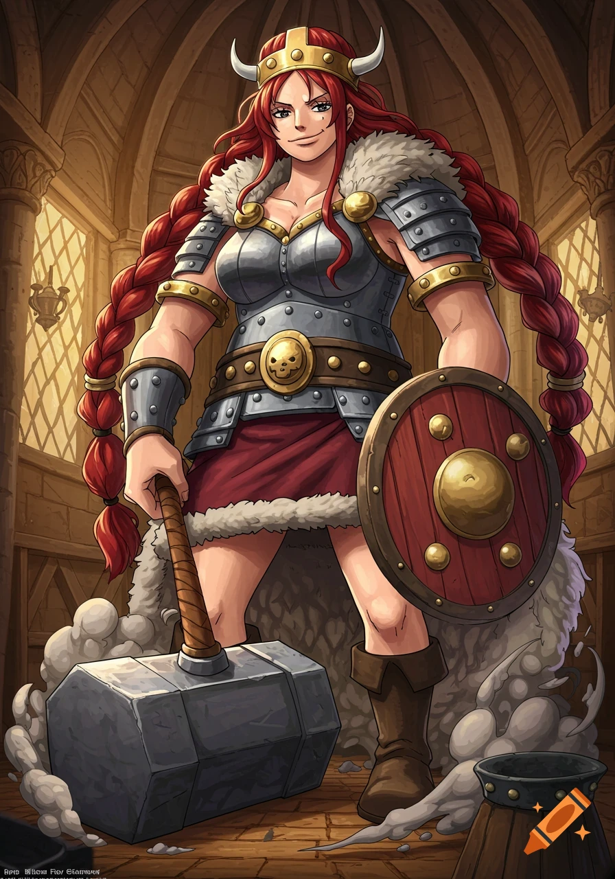 Giant female character with red braided hair, wearing Viking armor and ...