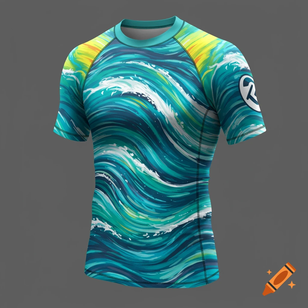 A teal, blue, and white rash guard with a dynamic wave pattern and yellow accents on the shoulders, featuring a white stylized R logo on the right sleeve.