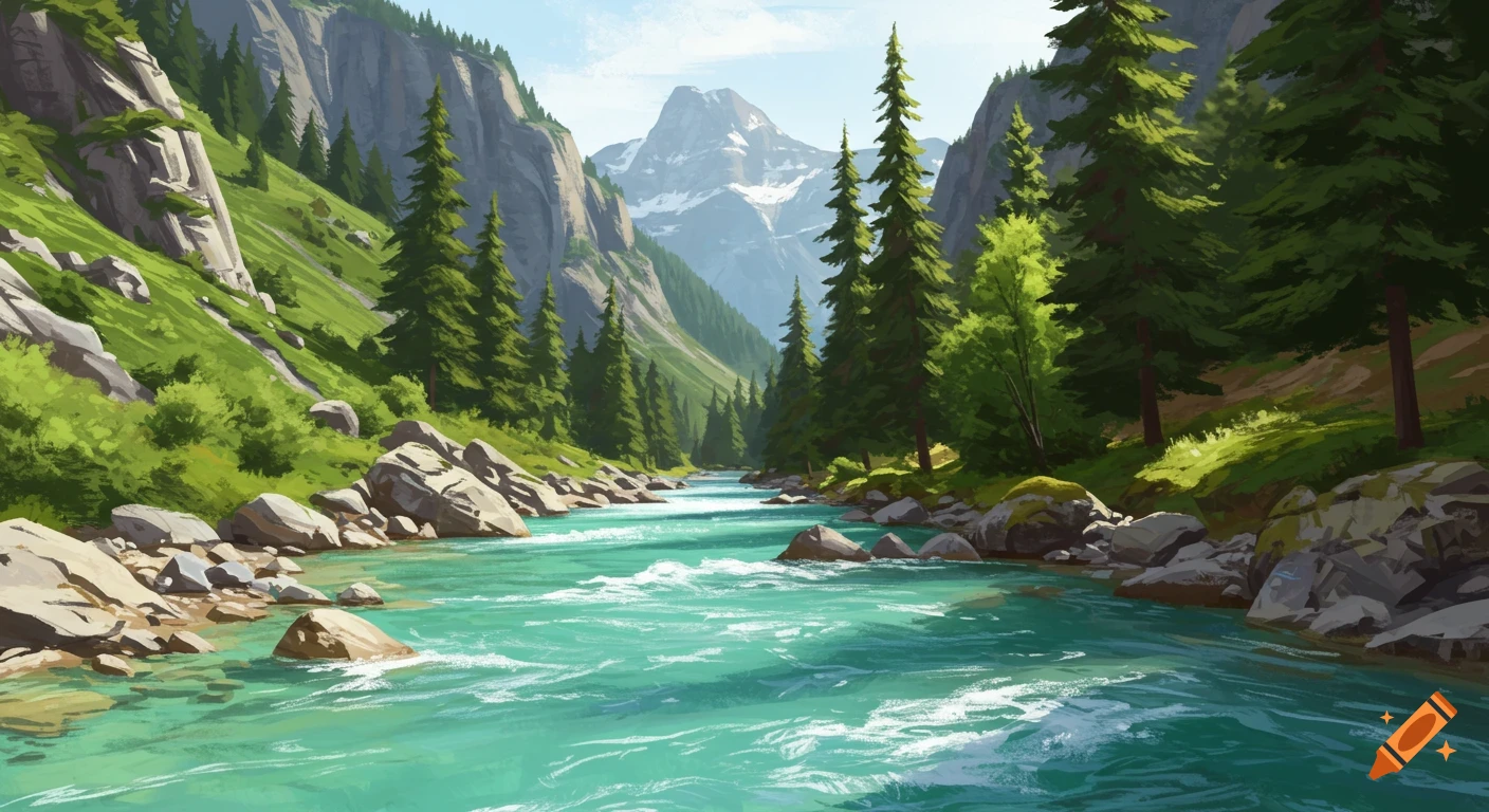 A vibrant, stylized illustration of a clear turquoise river flowing through a lush mountain valley with tall green trees and rocky slopes.