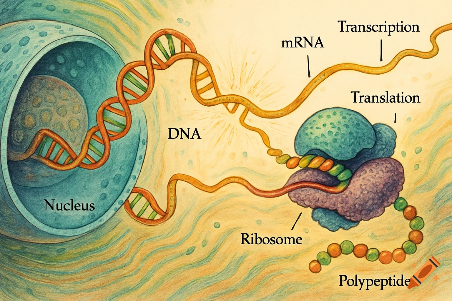 Illustrated diagram of eukaryotic gene expression showing DNA, mRNA, transcription, translation, ribosome, and polypeptide.