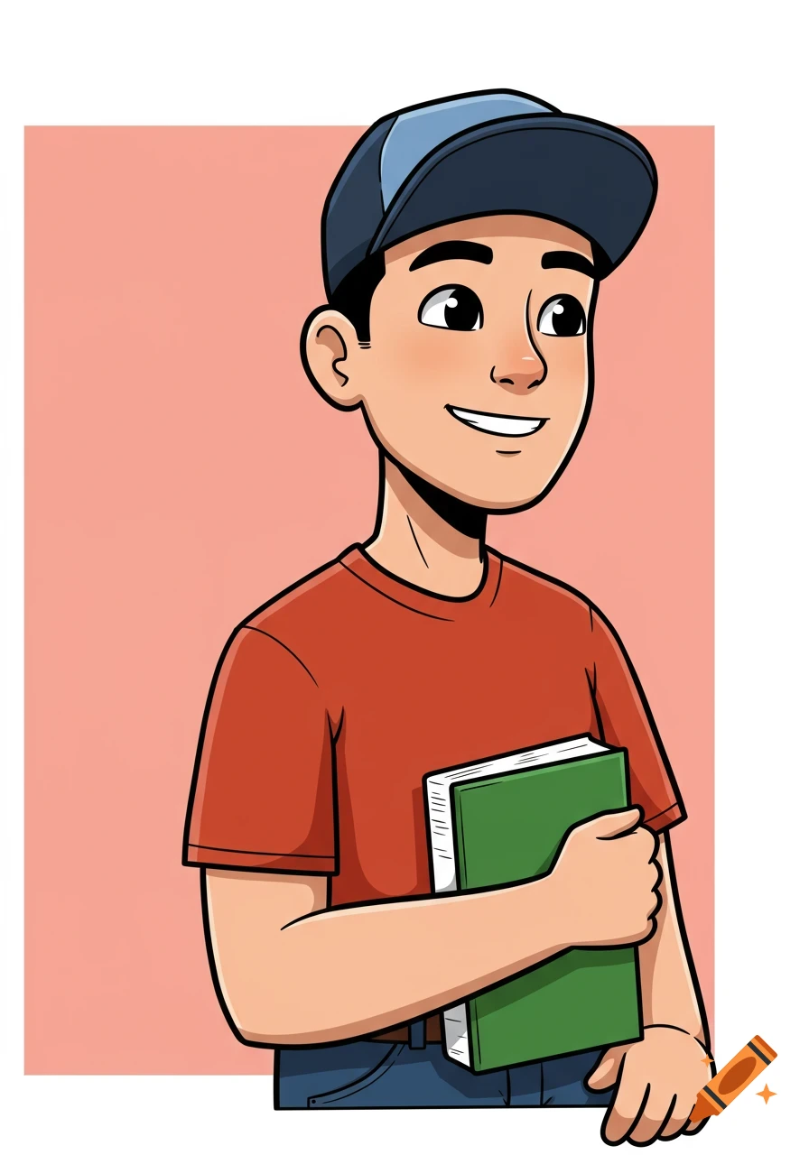 A cartoon boy wearing a cap and an orange t-shirt smiles while holding a green book against his chest.