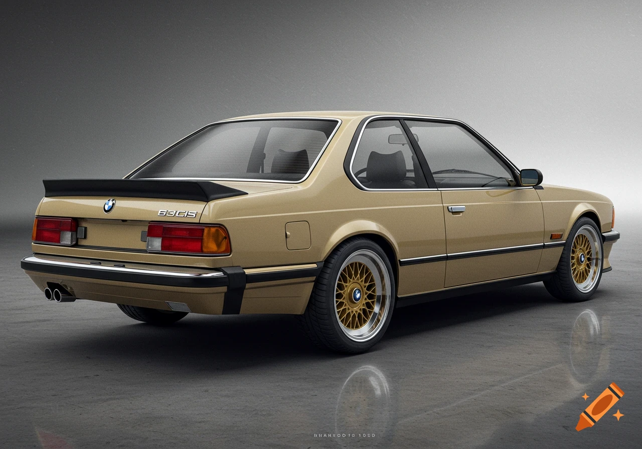 A photorealistic beige 1984 BMW 633CSi with gold BBS wheels and a rear spoiler, parked on a concrete surface.