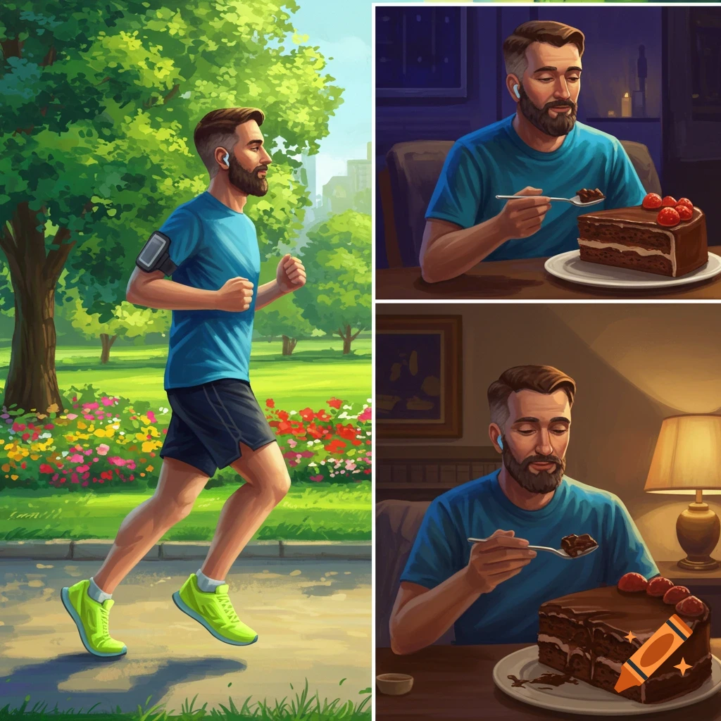A three-panel illustration showing a man jogging in a park during the day, and then the same man eating chocolate cake at night.