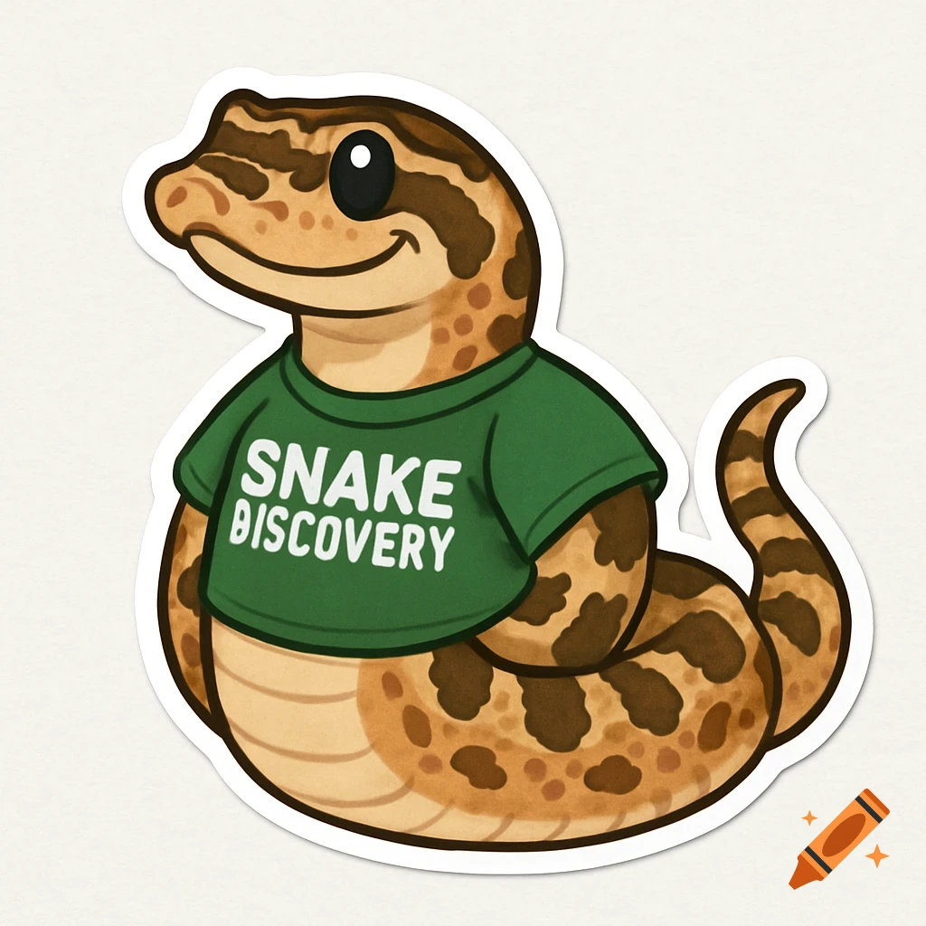 A cartoon sticker of a hognose snake wearing a green t-shirt that says 'SNAKE DISCOVERY'.