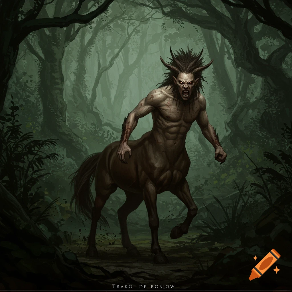 A savage-looking horned centaur with fangs and blood on its arms walks ...