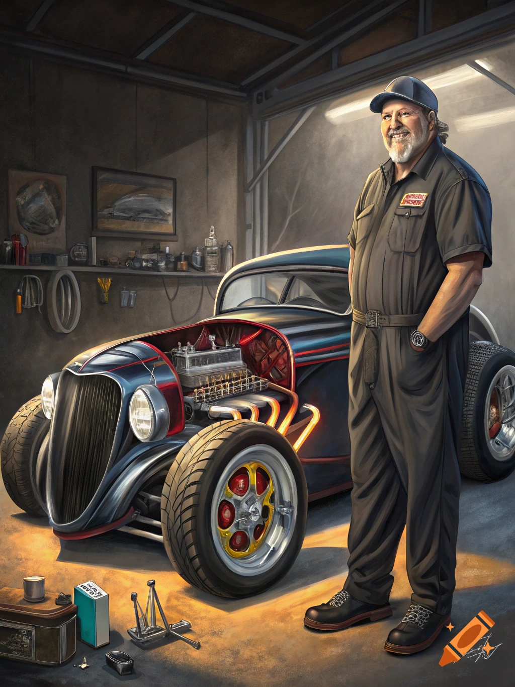 A man in a mechanic's uniform stands smiling next to a custom hot rod car in a dimly lit garage.