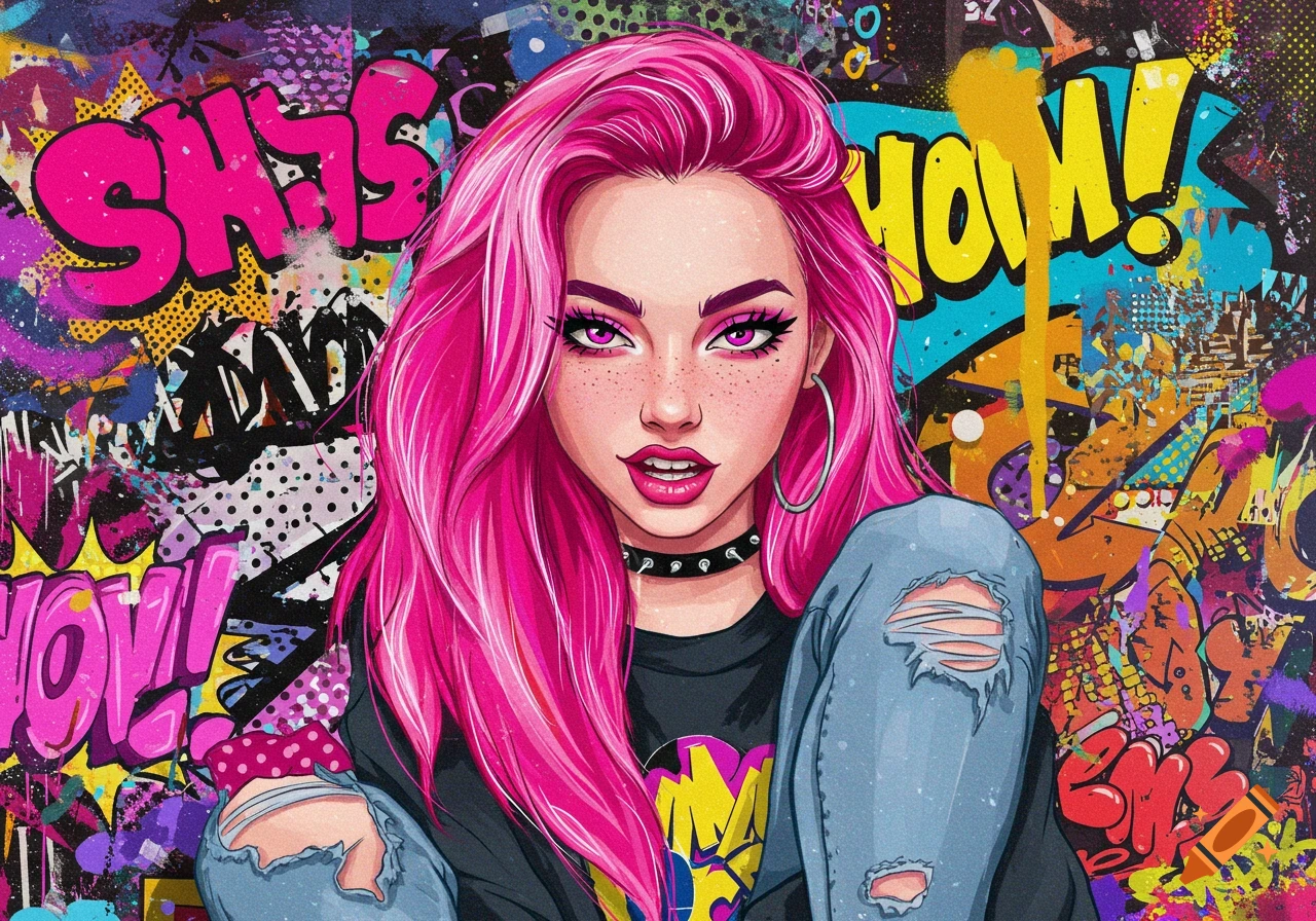 A vibrant digital illustration of a young woman with long pink hair, pink eyes, and freckles, wearing ripped jeans and a choker, against a colorful graffiti background with comic book elements.