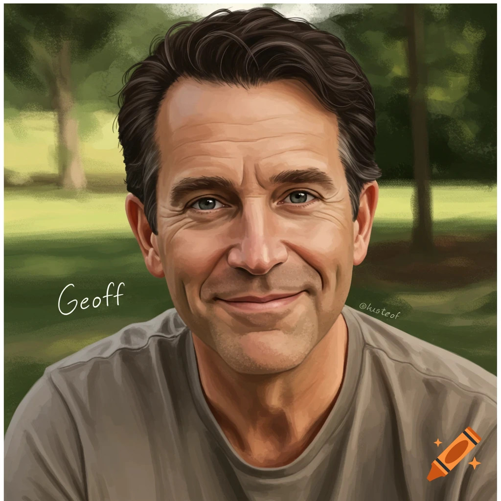 A stylized portrait of a smiling man with brown hair and blue eyes, wearing a gray t-shirt, set against a blurred green outdoor background.