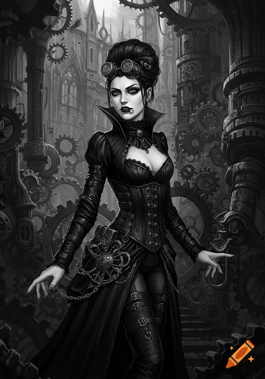 Black and white steampunk illustration of a gothic woman with goggles and corset, standing amidst gears and architecture.