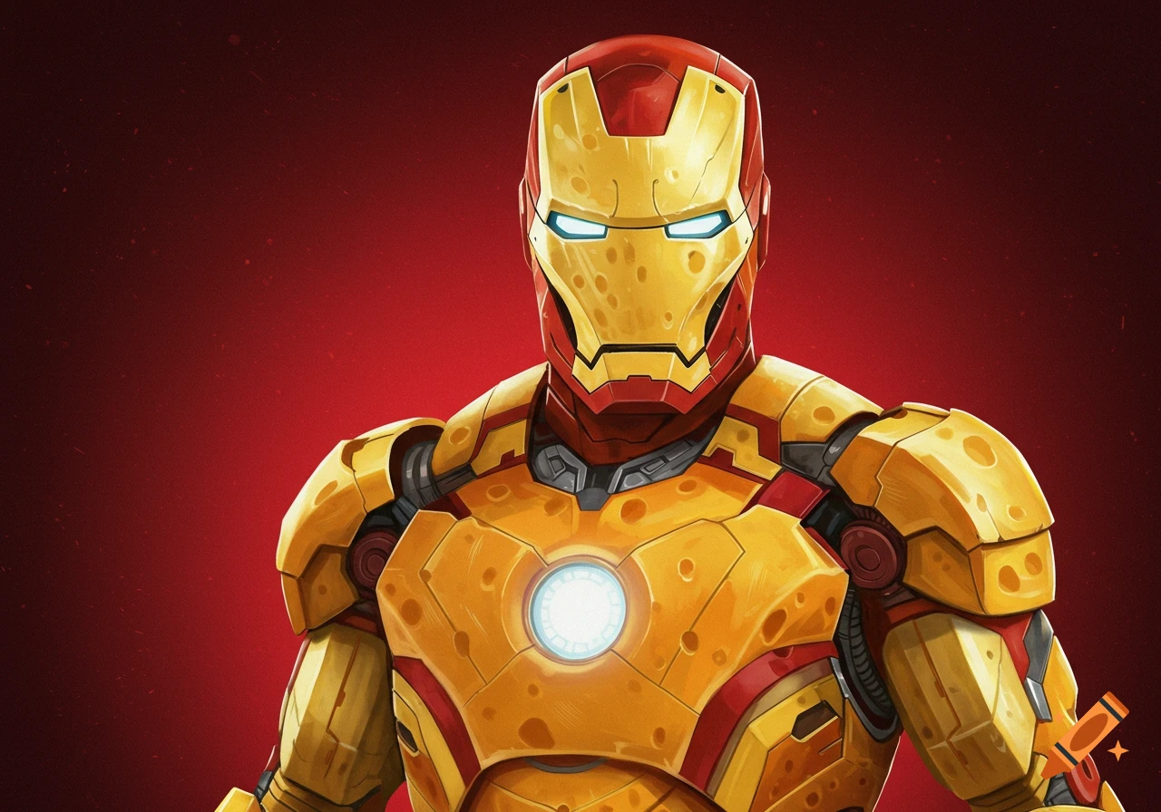 Illustration of Iron Man with cheese-textured armor and glowing eyes against a red background.