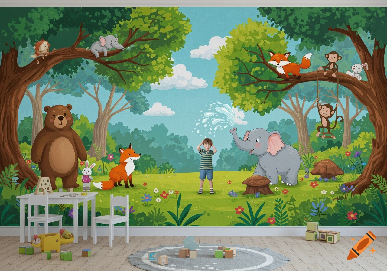 Cartoon jungle mural for a kids' playroom featuring a boy, elephant, bear, foxes, monkeys, and rabbit, with toys and furniture.