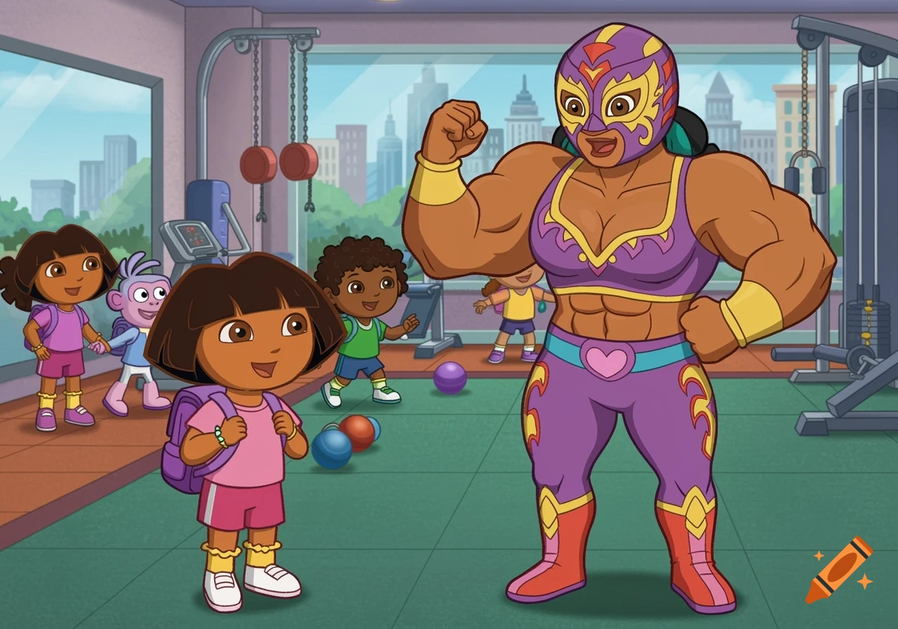 Cartoon of Dora, her friends, and a muscular female masked luchador standing in a gym.