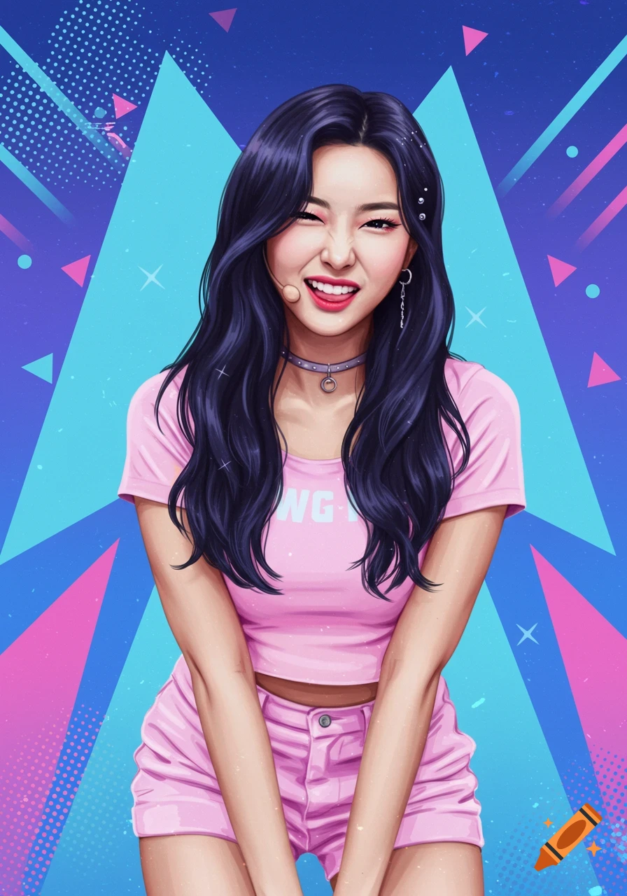 An illustration of a smiling girl with dark hair, wearing a pink top and shorts, against a vibrant blue and pink geometric background.