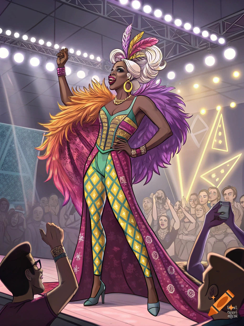 A vibrant illustration of a drag queen on stage in an elaborate, colorful costume with feathers and sparkling details, performing for a cheering crowd.