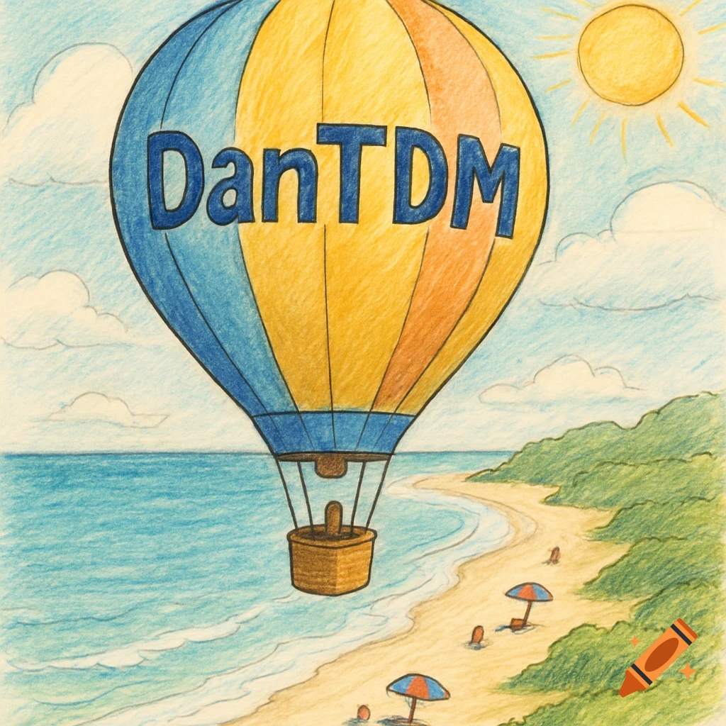 A colored pencil drawing of a blue and yellow hot air balloon with 'DanTDM' written on it, flying over a sunny beach.