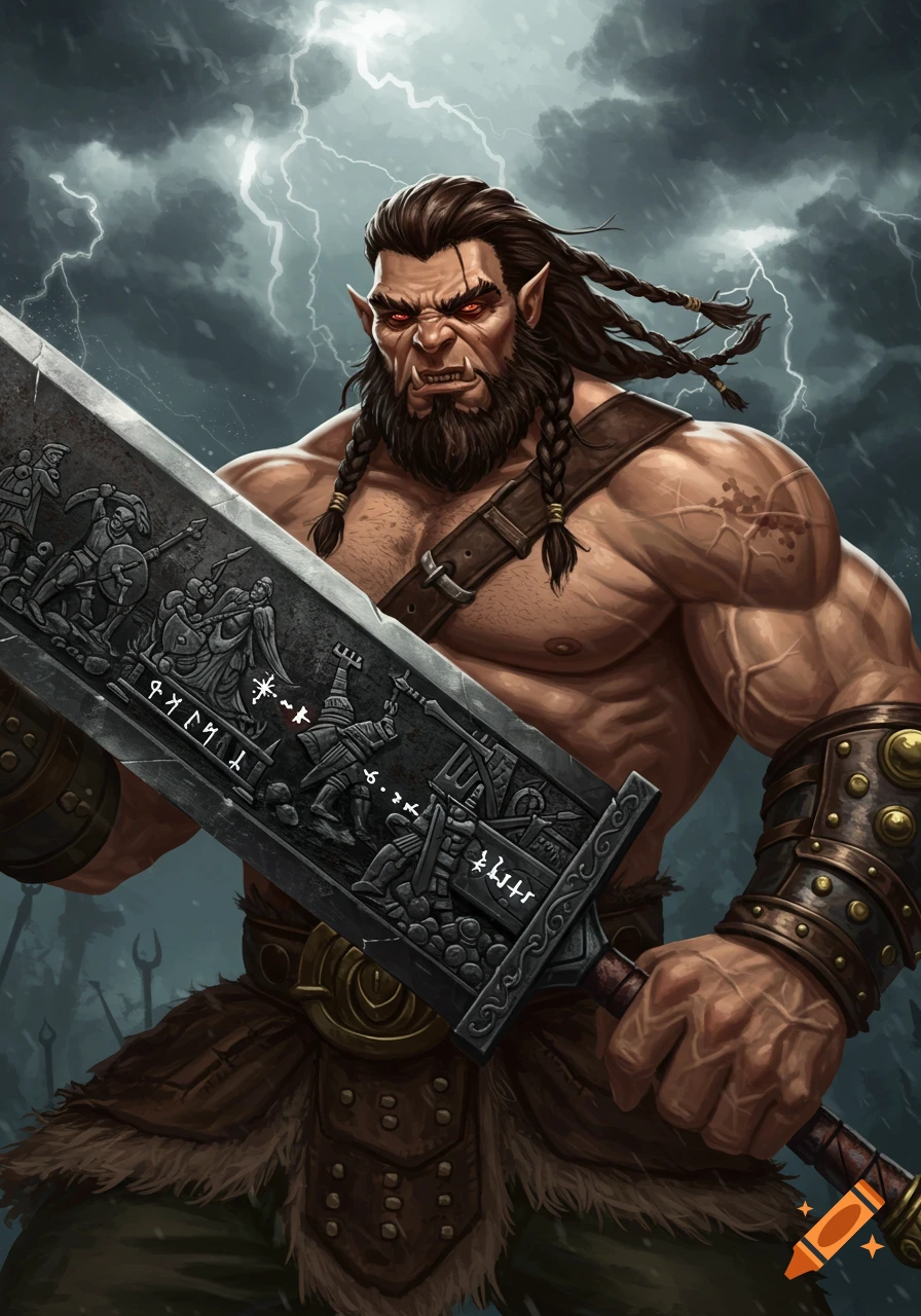 A muscular, angry fantasy orc/goliath character with red eyes and a beard holds a large, carved greatsword under a stormy, lightning-filled sky.