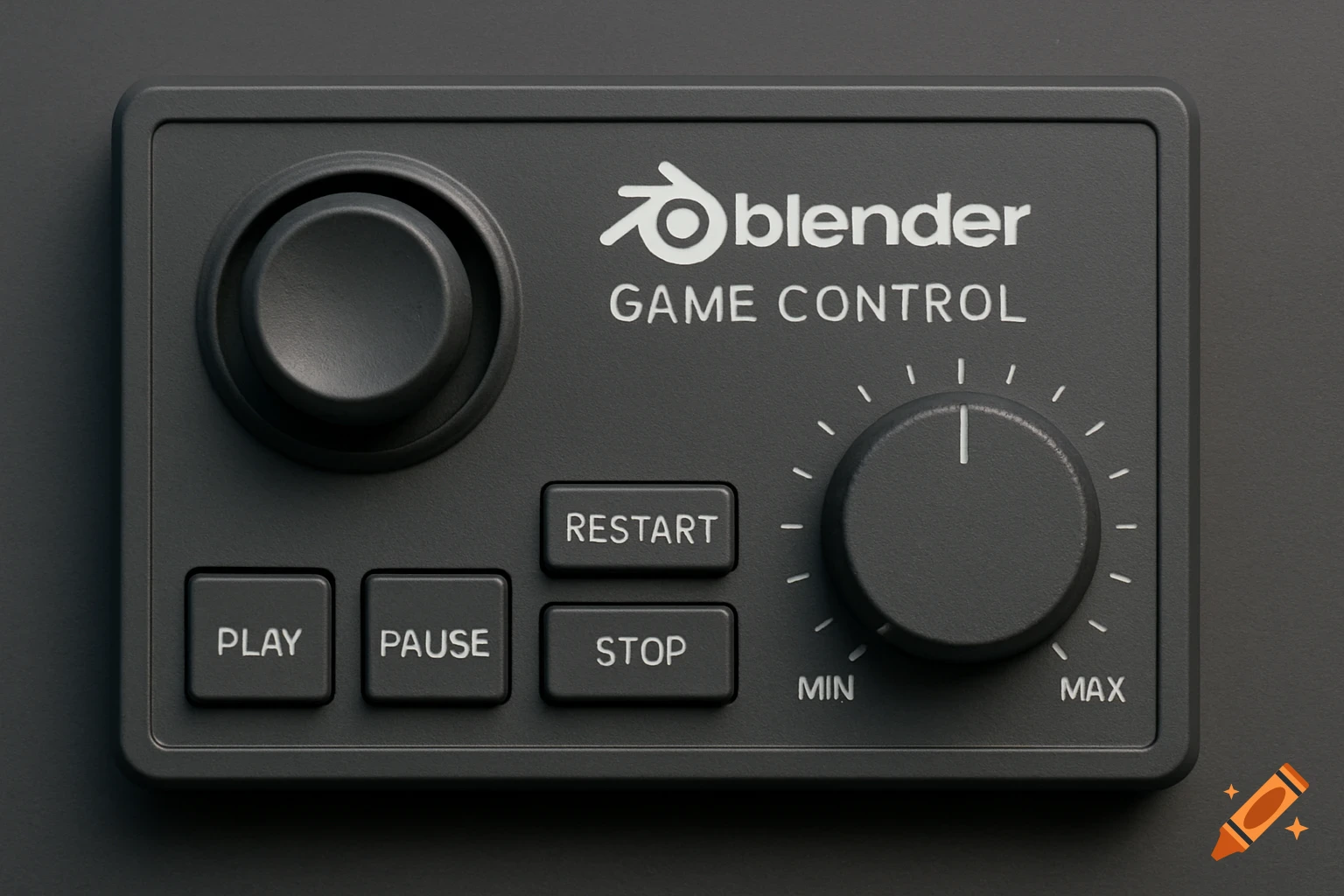 A close-up, photorealistic render of a dark grey Blender game control panel with two large knobs and four rectangular buttons labeled Play, Pause, Restart, and Stop. The panel also features text labels for "Blender GAME CONTROL", "MIN", and "MAX".