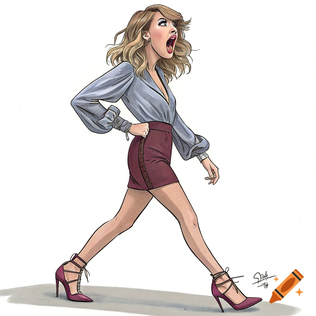 Cartoon caricature of Taylor Swift walking, wearing a grey blouse, maroon shorts, and purple high heels.