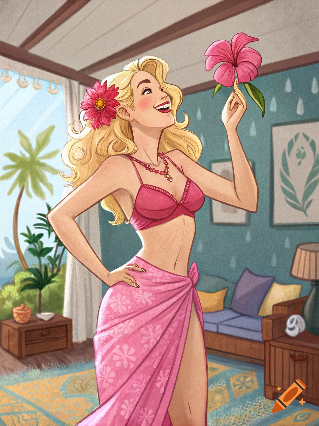 Smiling blonde woman in a pink bra and sarong, with a hibiscus in her hair, holding another flower indoors with a tropical view.