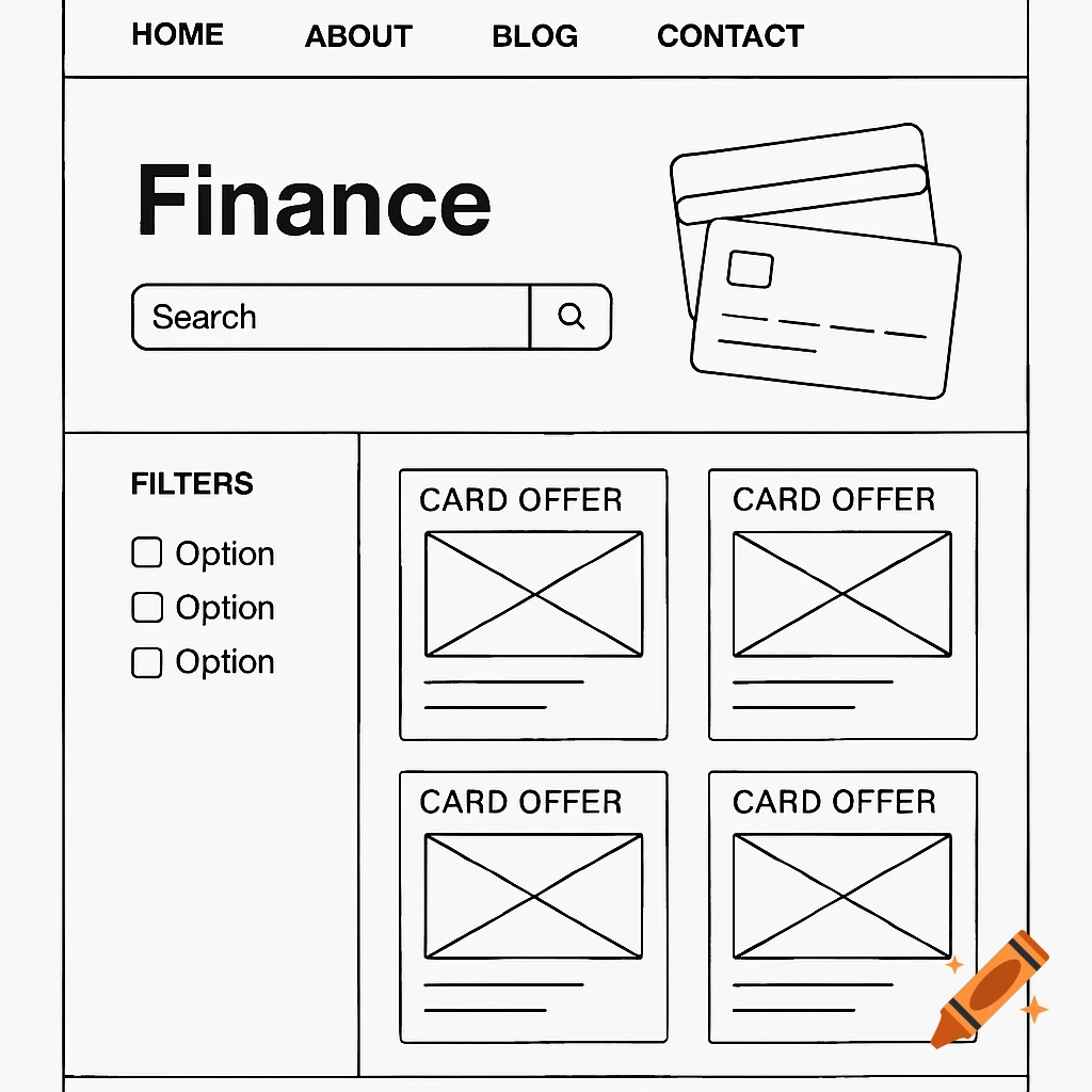 Black and white wireframe of a finance website homepage with navigation, search bar, credit cards, and card offer sections.