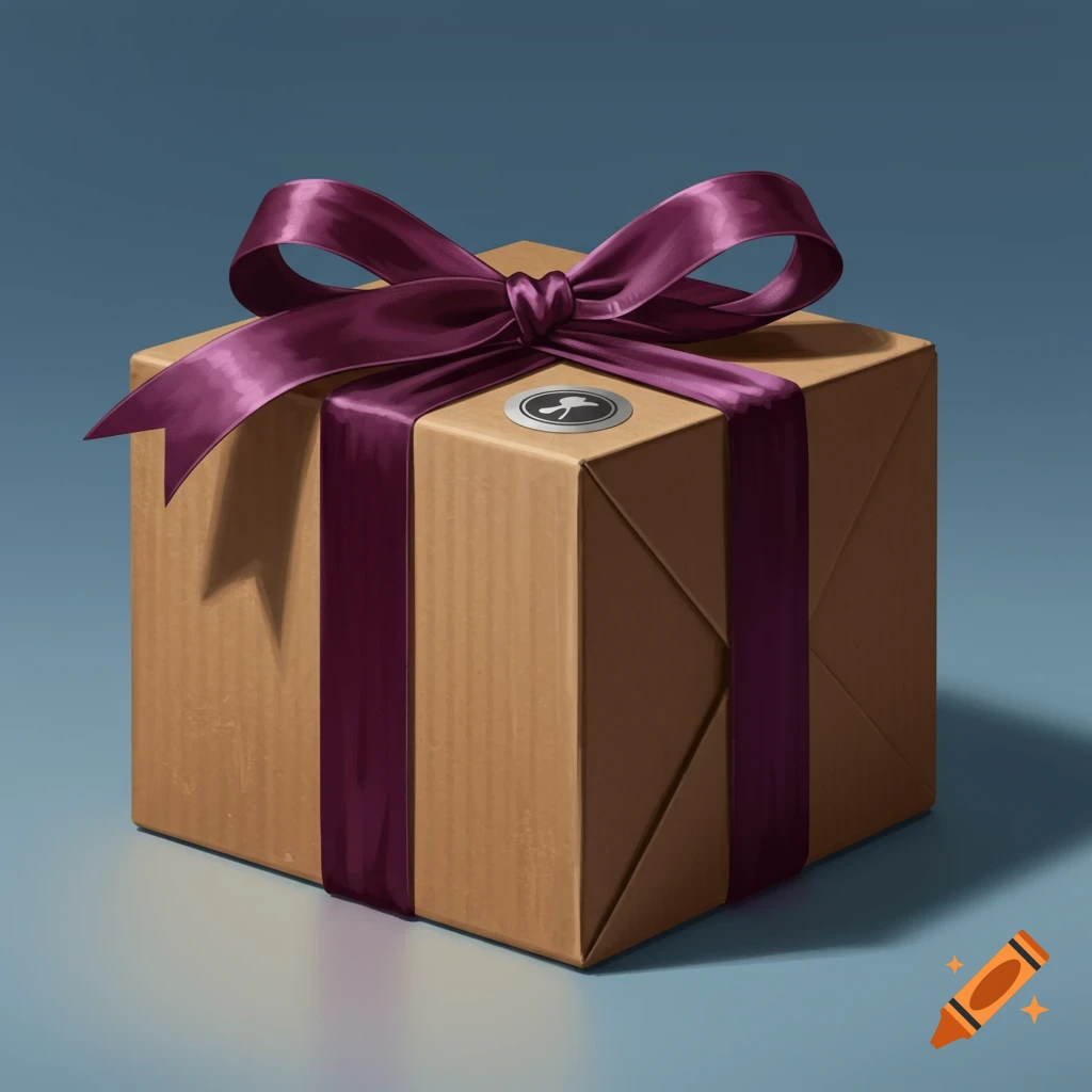 A brown cardboard box is wrapped with a shiny dark purple ribbon, secured by a metallic circular sticker on top, against a blue-grey background.